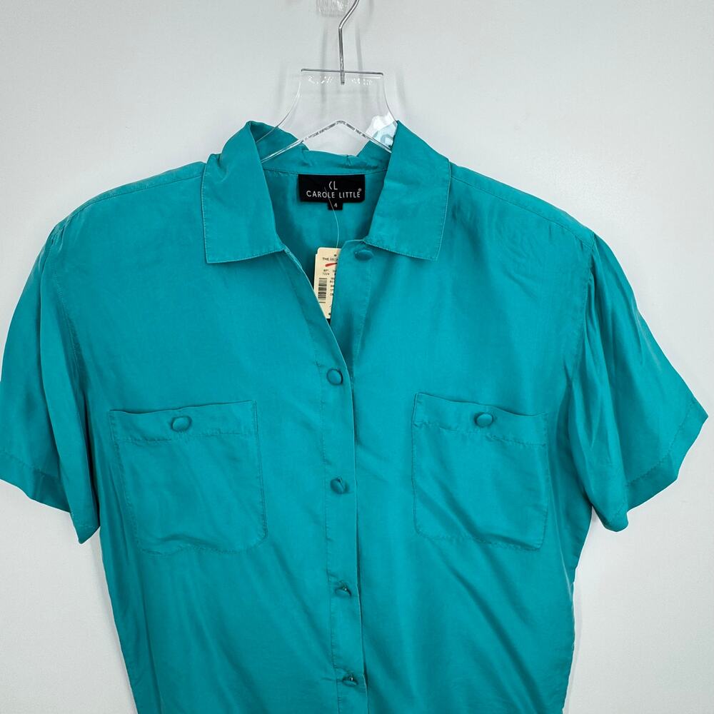 VTG Carole Little blouse 4 100% silk button front teal camp 90's deadstock NEW - Picture 2 of 6